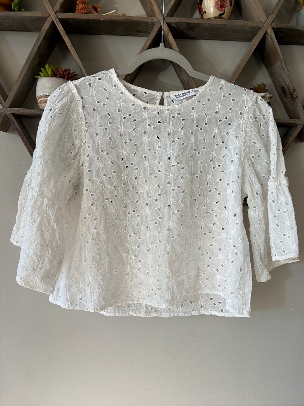Zara white eyelet lace cropped blouse, bell sleeves. Size large.